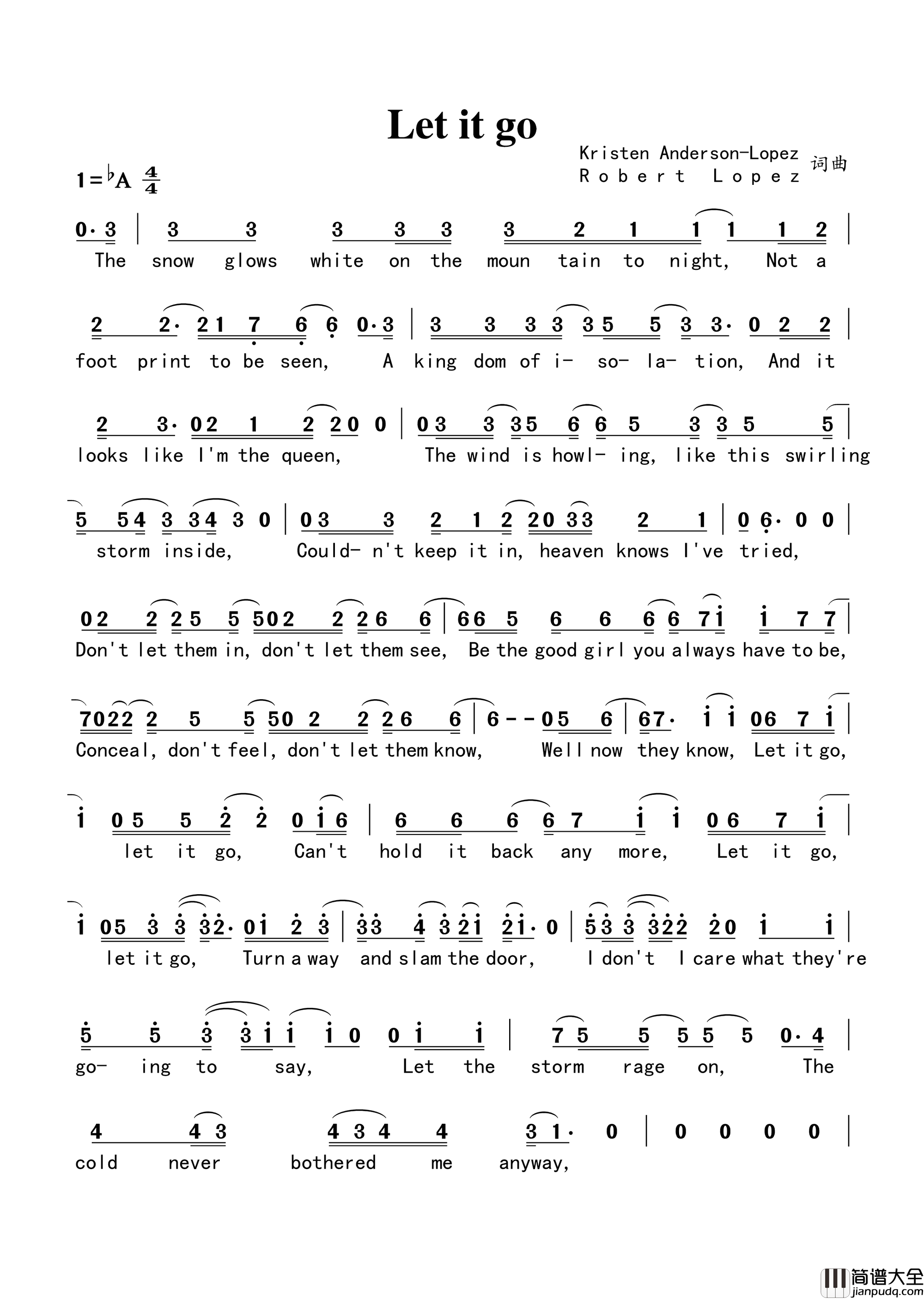 Letitgo简谱_Menzel演唱_RobertLopez/KristenAndersonLopezIdina词曲