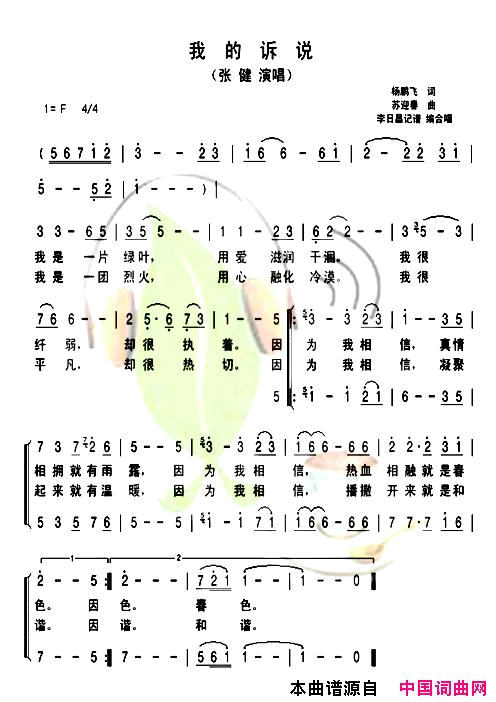 我的诉说二声部简谱_张健演唱