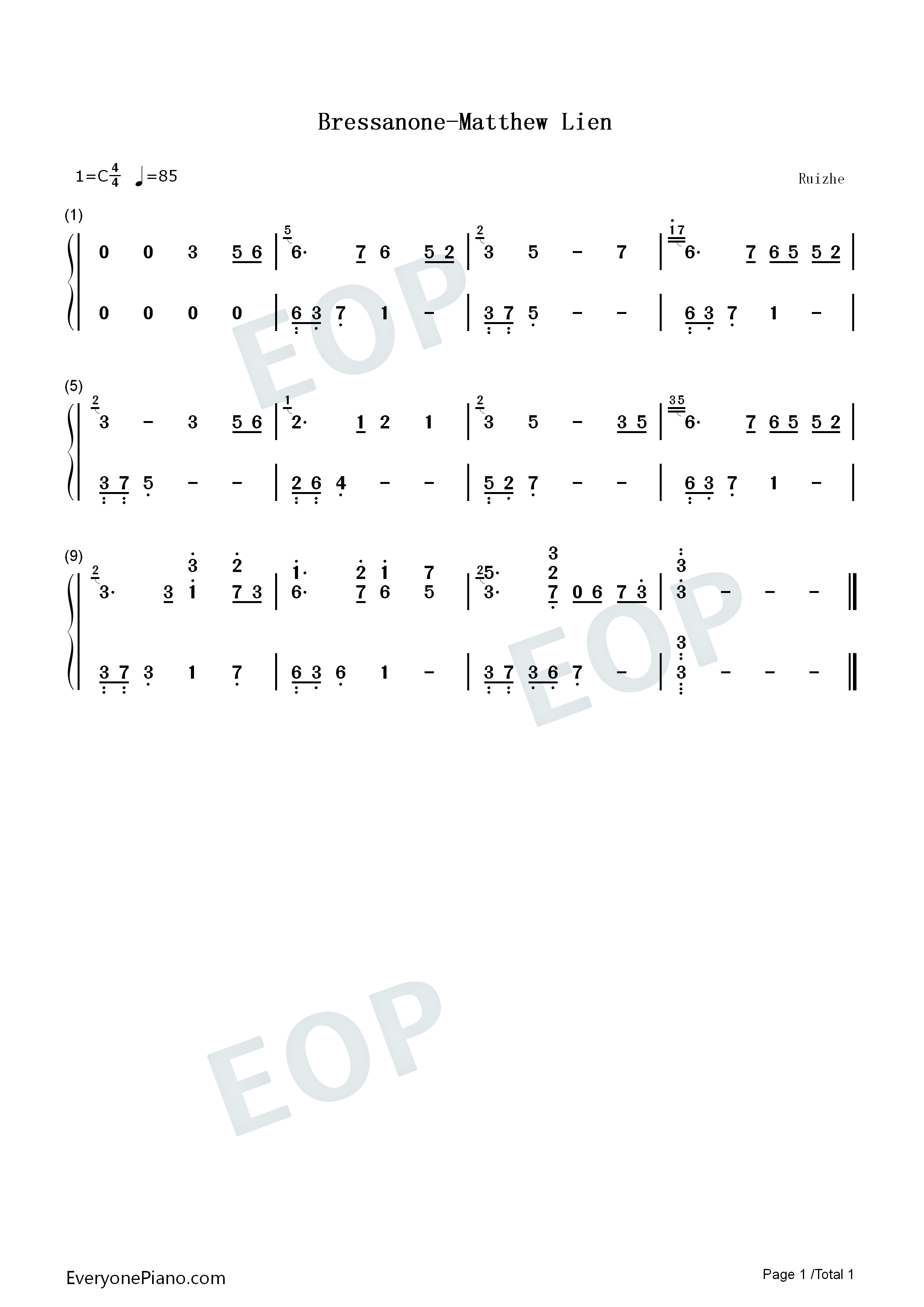 Bressanone钢琴简谱_Matthew_Lien演唱