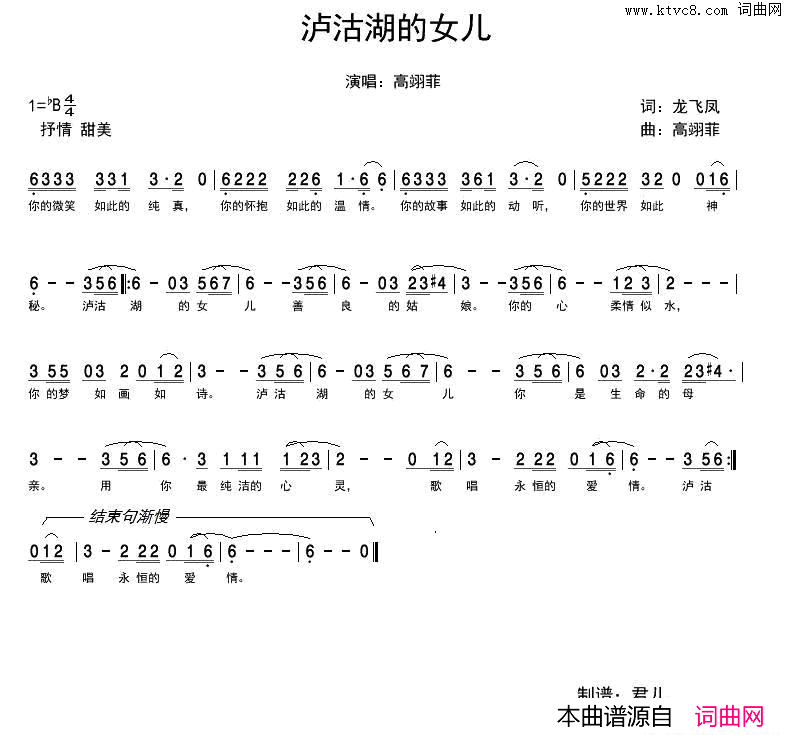 泸沽湖的女儿简谱_高翊菲演唱_龙飞凤/高翊菲词曲