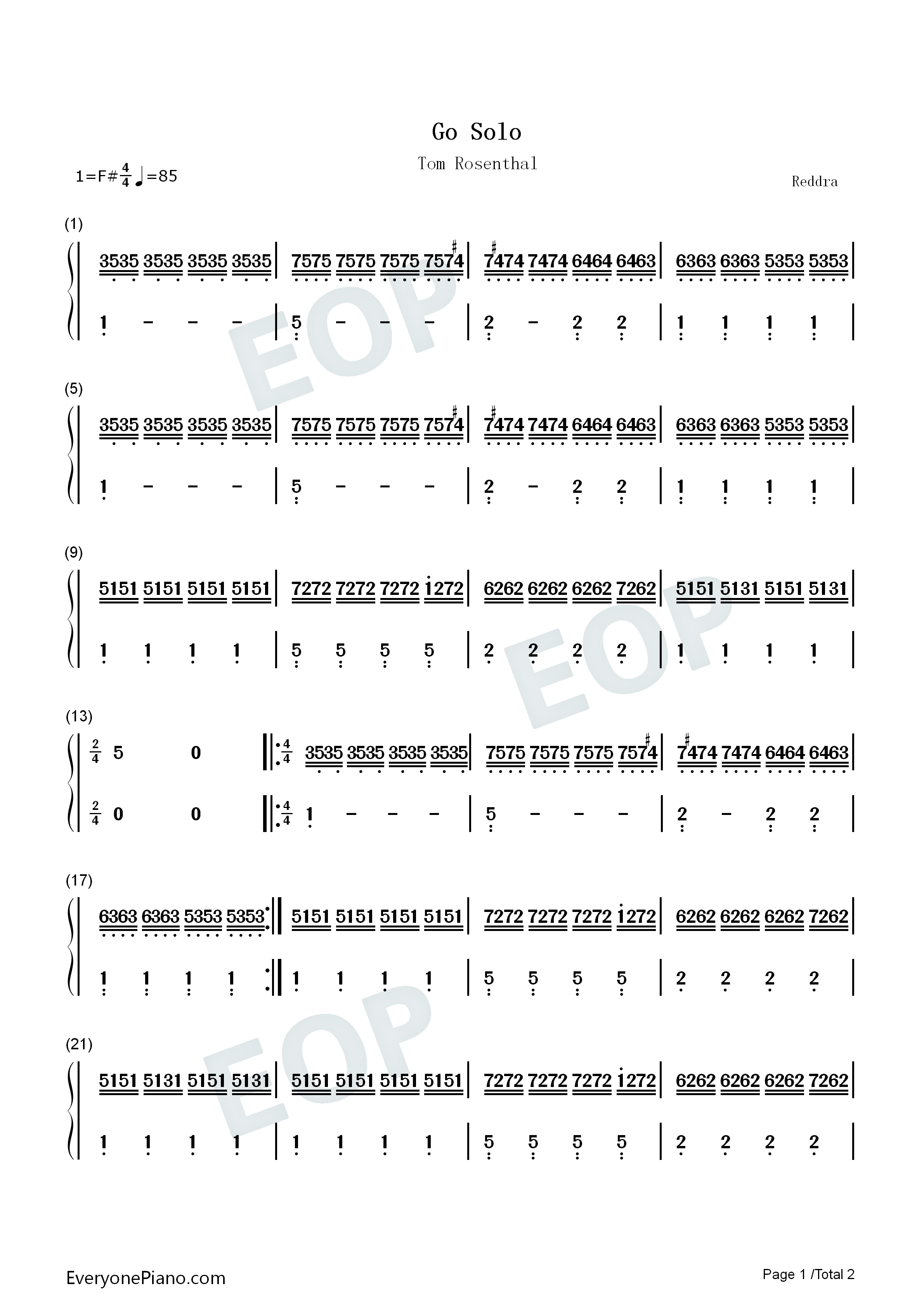 Go_Solo钢琴简谱_Tom_Rosenthal演唱