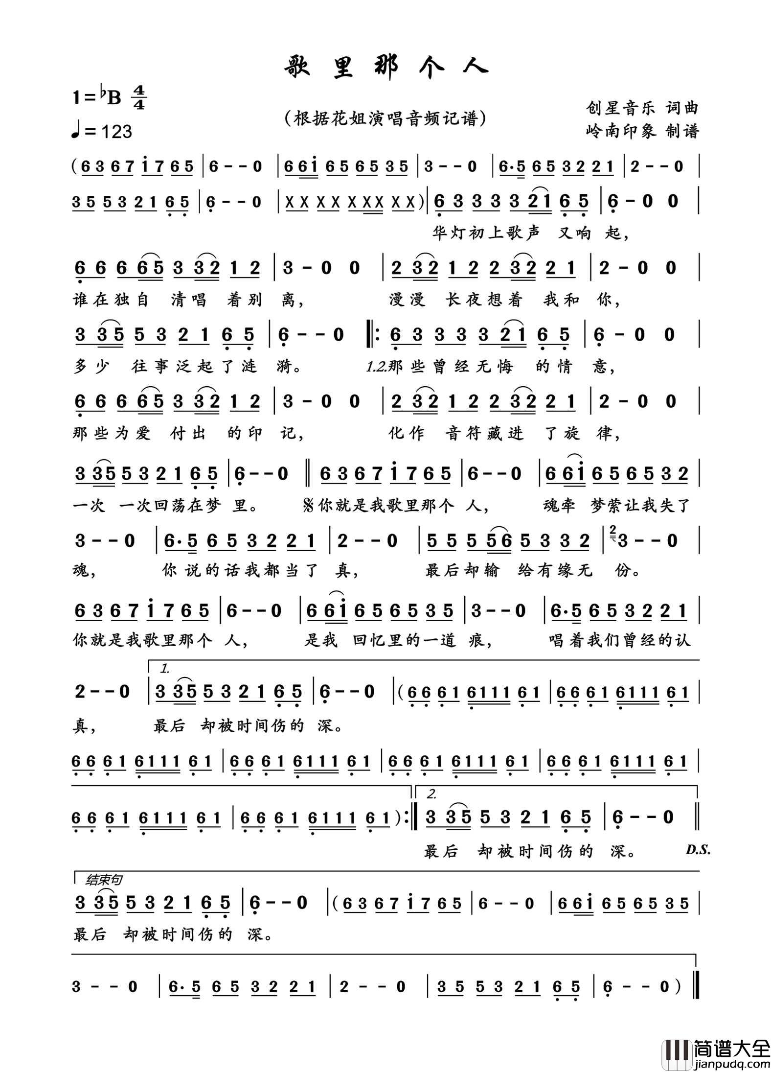 歌里那个人简谱_花姐演唱_岭南印象制作曲谱