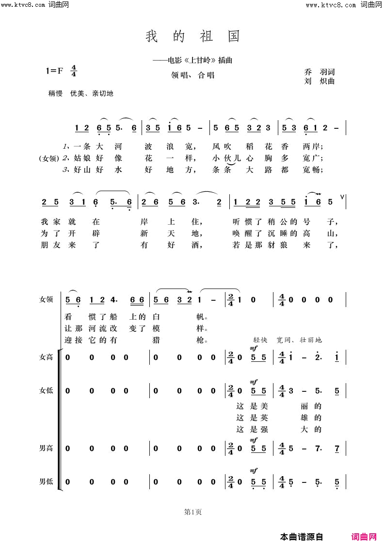 我的祖国——电影_上甘岭_插曲简谱