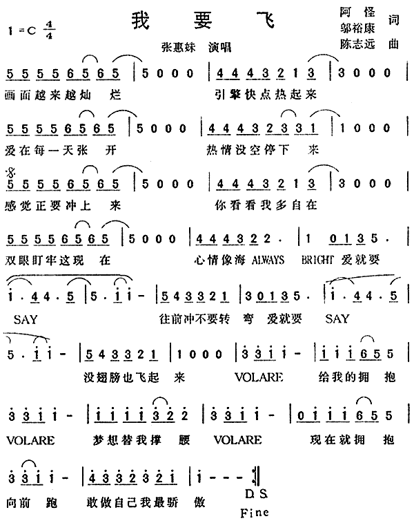 我要飞雪碧2000年广告主题曲简谱_张惠妹演唱