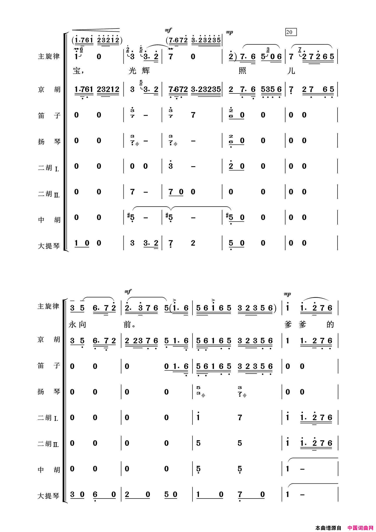光辉照儿永向前京剧_红灯记_选段、唱腔+伴奏总谱简谱_常青乐团演唱