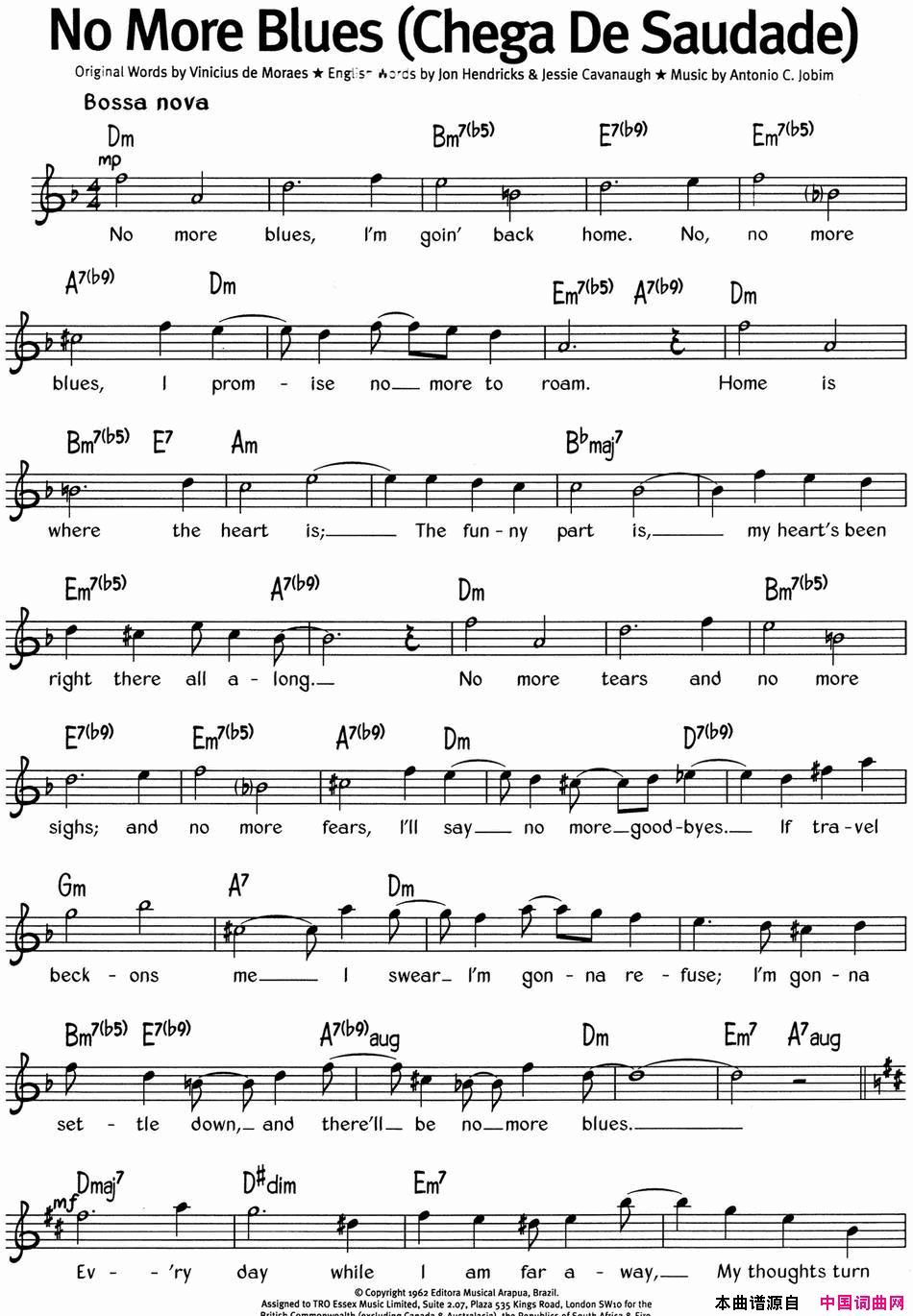 蓝调音乐：NoMoreBluesChegaDeSaudade蓝调音乐：No_More_BluesChega_De_Saudade简谱
