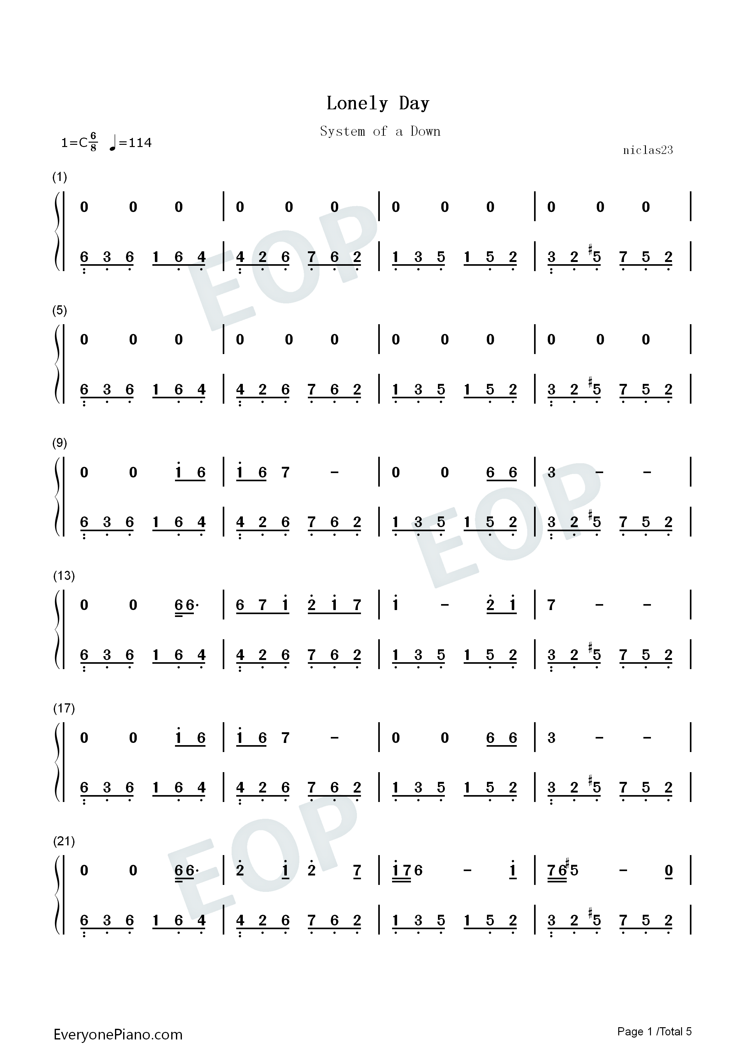 Lonely_Day钢琴简谱_System_of_a_Down演唱