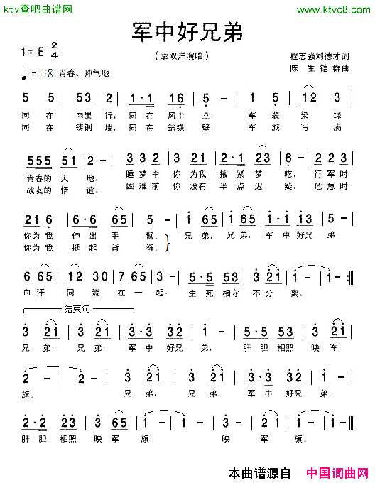 军中好兄弟简谱_袁双洋演唱_程志强、刘德才/陈生铠群词曲
