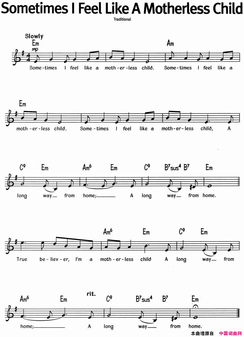 蓝调音乐：SometimesIFeelLikeAMotherlessChild简谱