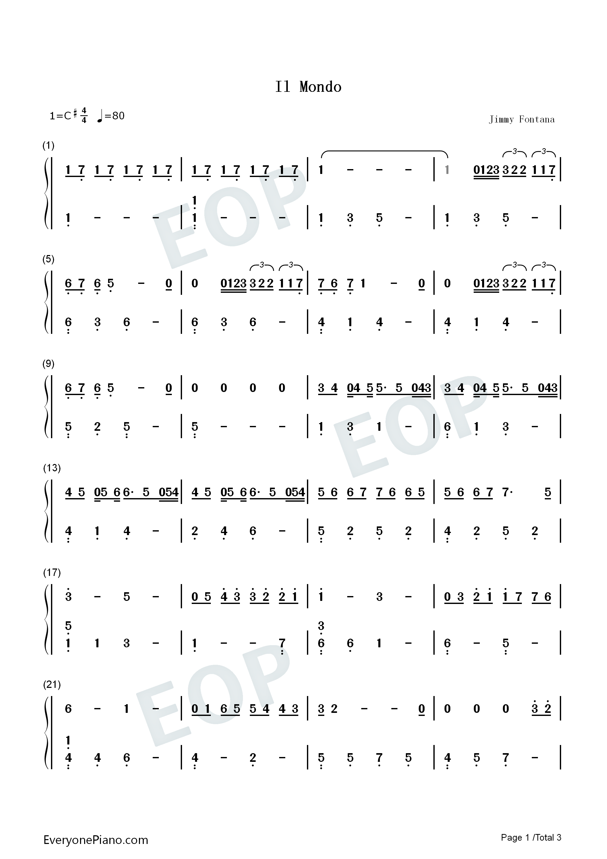 Il_Mondo钢琴简谱_Jimmy_Fontana演唱