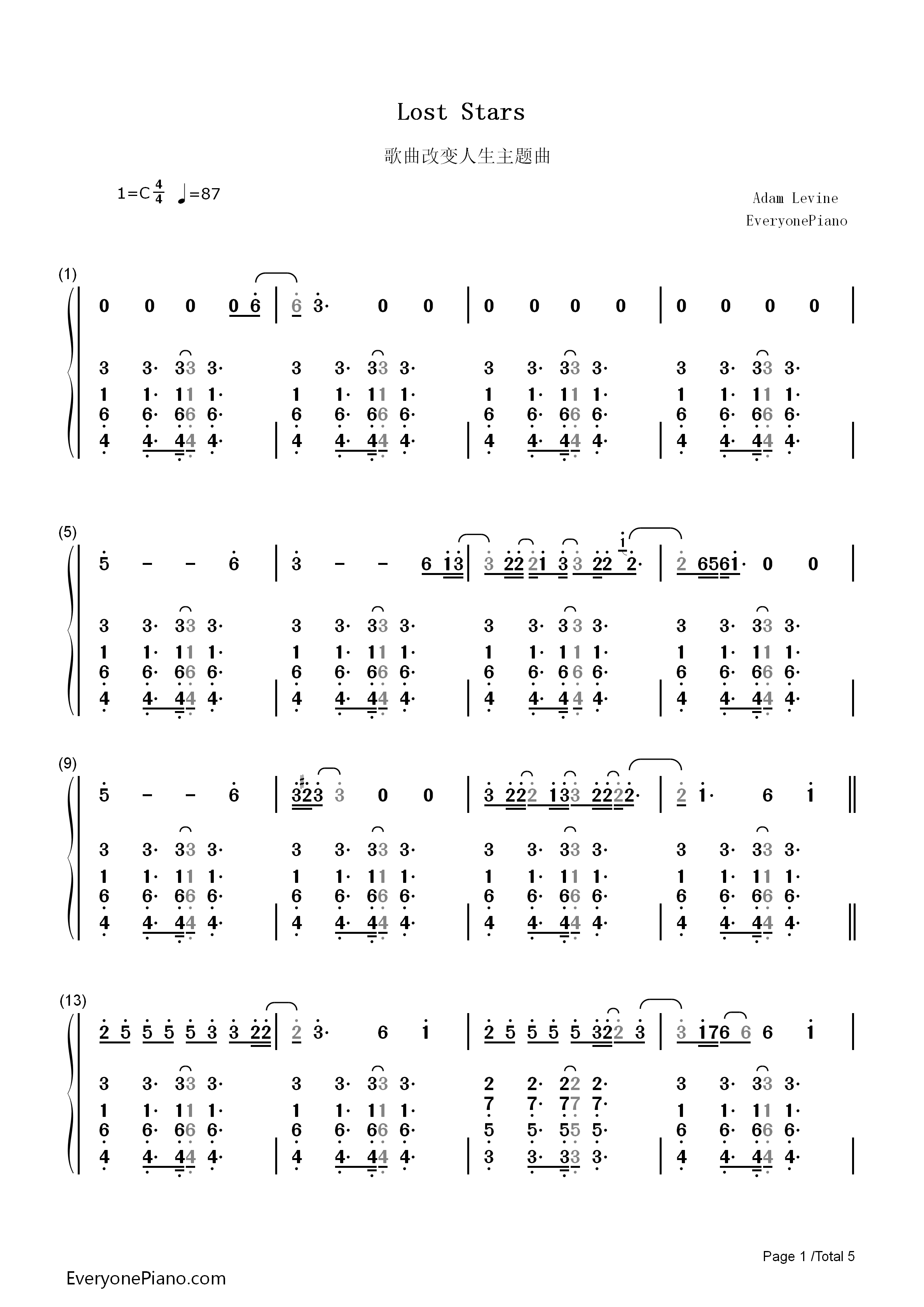 Lost_Stars钢琴简谱_Adam_Levine演唱