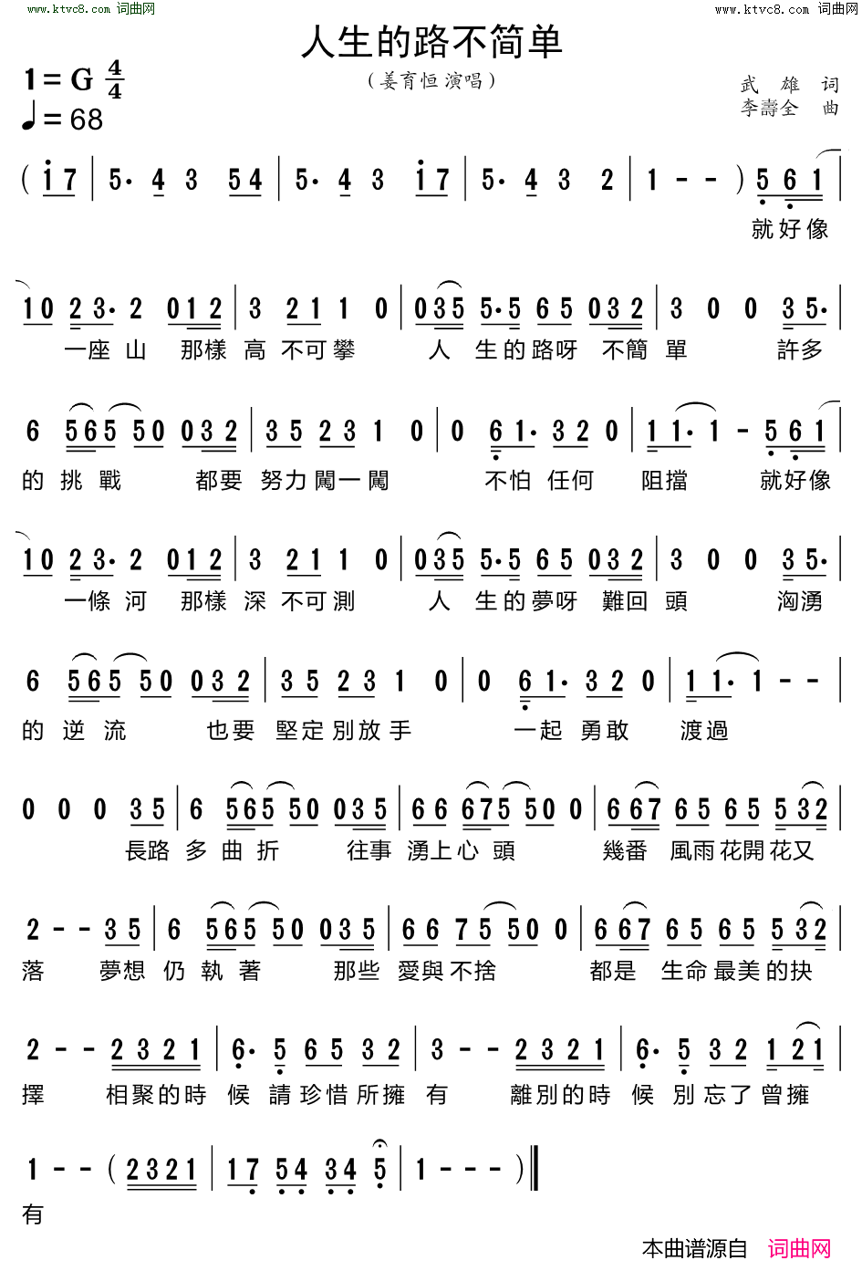 人生的路不简单简谱_姜育恒演唱_武雄/李寿全词曲