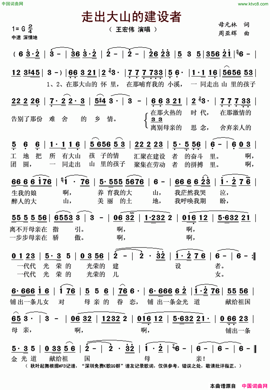 走出大山的建设者简谱_王宏伟演唱_母元林/周亚辉词曲