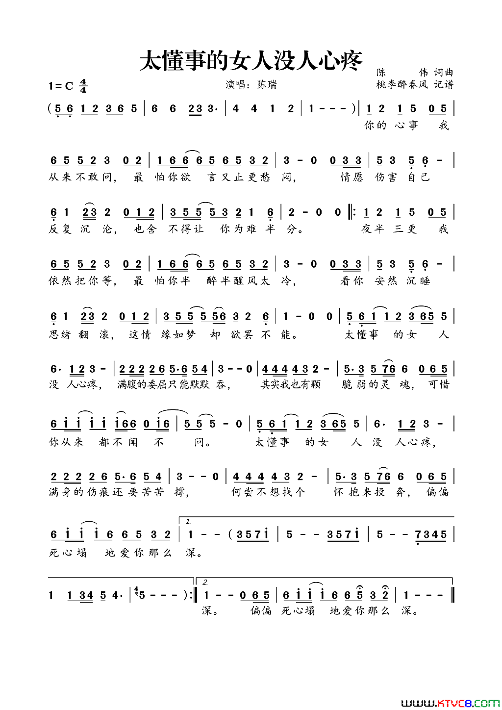 太懂事的女人没人心疼简谱_陈瑞演唱_陈伟/陈伟词曲