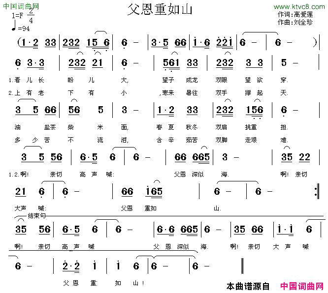 父恩重如山高爱莲词刘全珍曲简谱