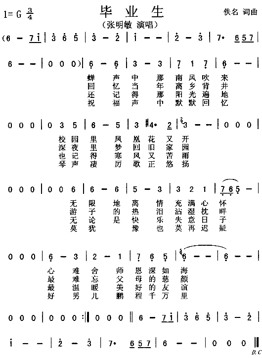毕业生张明敏简谱_张明敏演唱