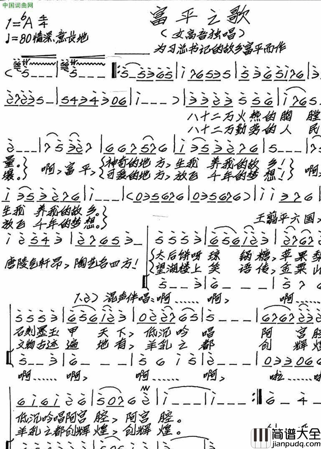 富平之歌张皓强词张艺军曲富平之歌张皓强词_张艺军曲简谱