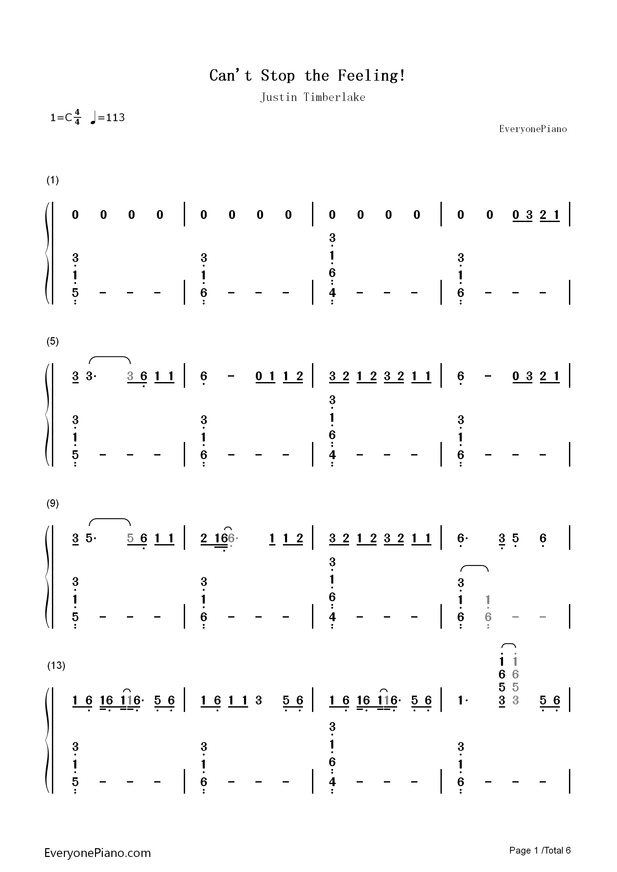 Can't_Stop_the_Feeling钢琴简谱_Justin_Timberlake演唱