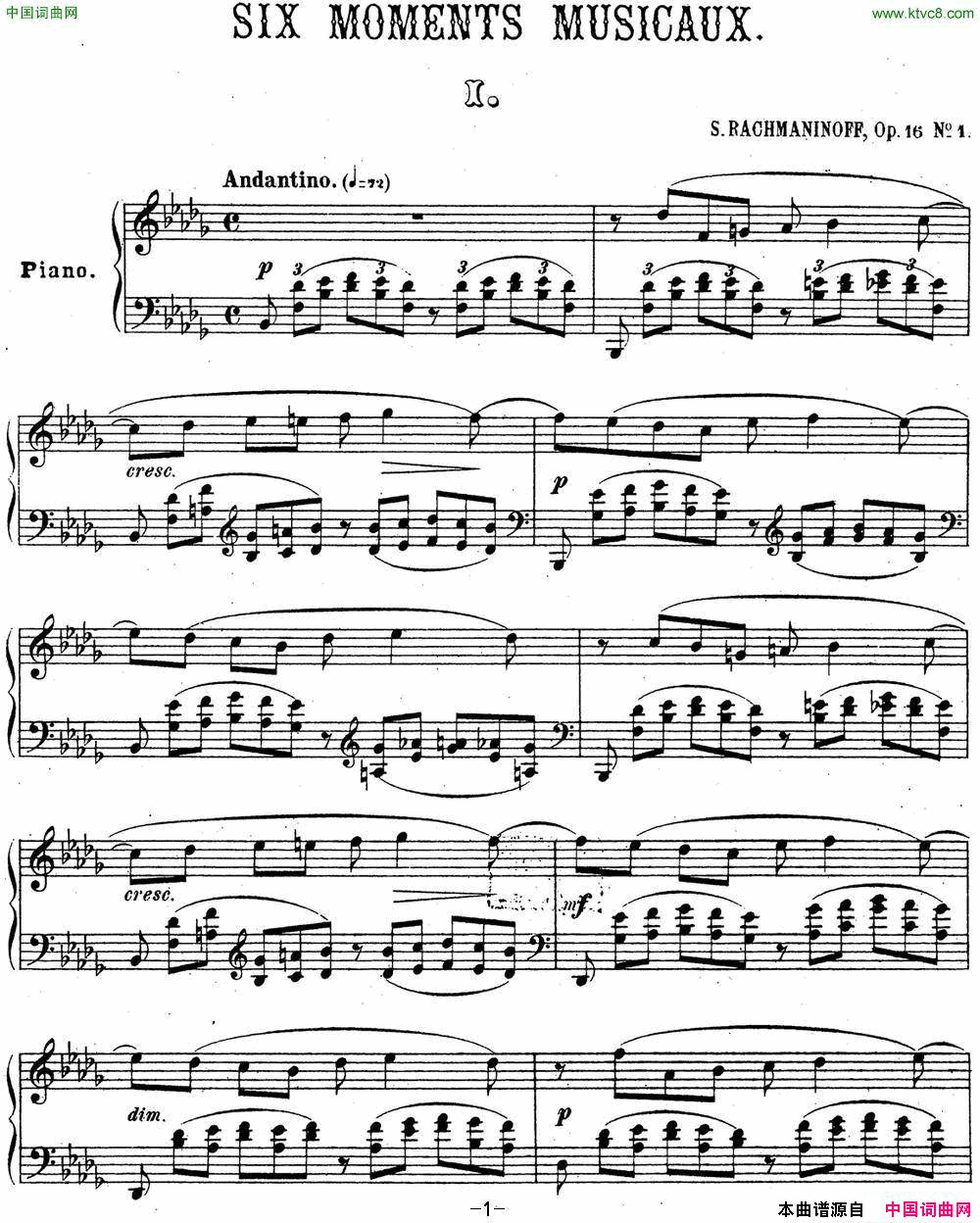 拉赫玛尼诺夫音乐瞬间Op.16No.1降b小调简谱