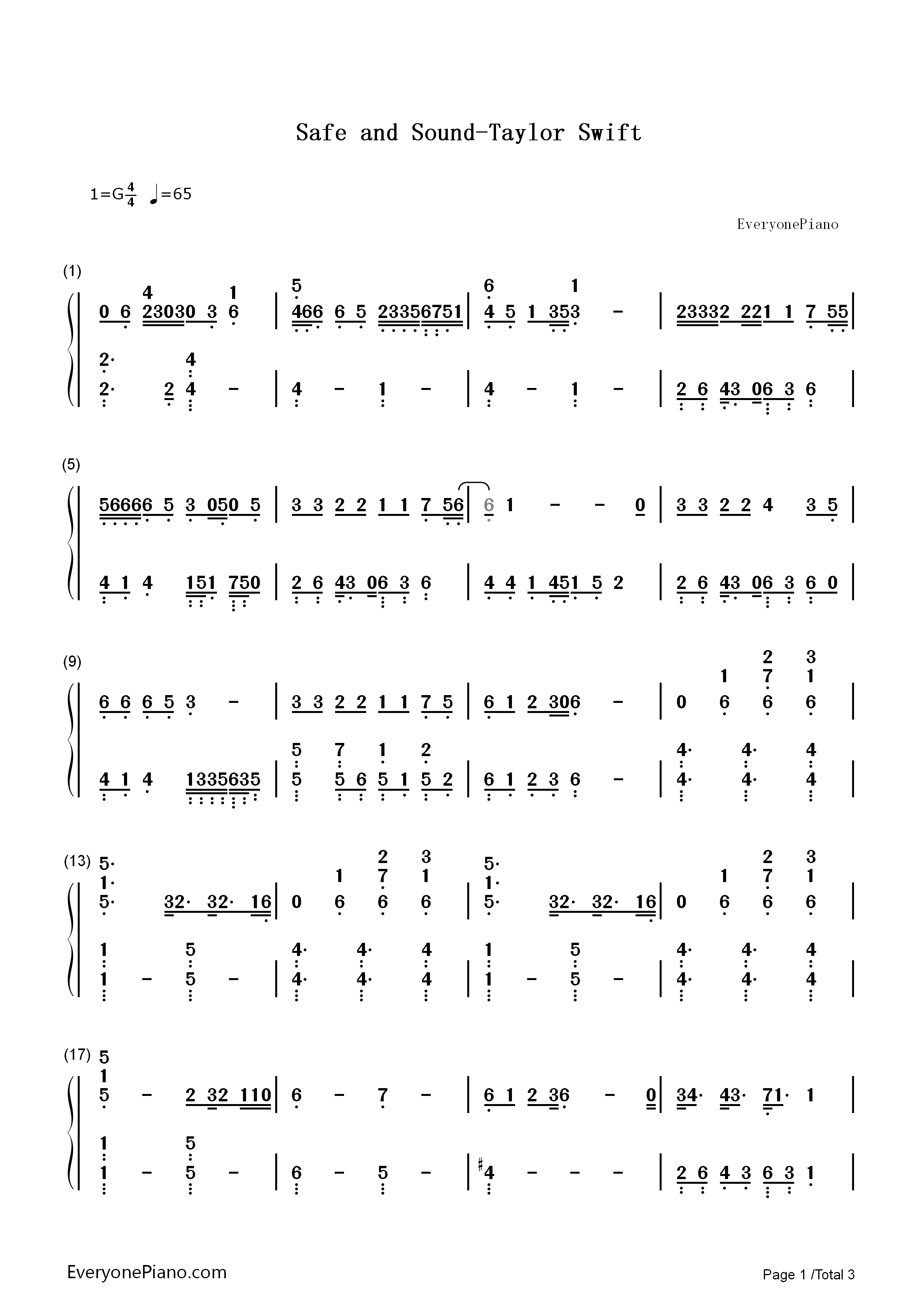 Safe_and_Sound（安然无恙Taylor_Swift）钢琴简谱_Taylor_Swift__泰勒·斯威夫特演唱