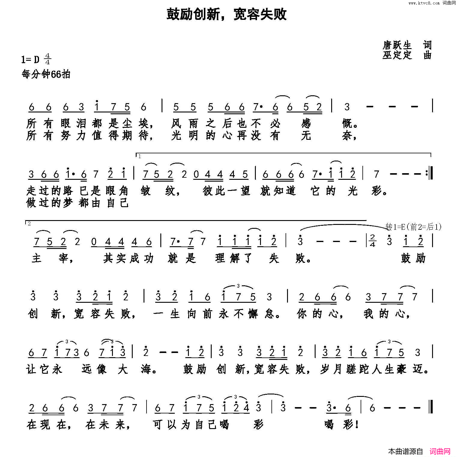 鼓励创新，宽容失败简谱_鲁士郎演唱_唐跃生/巫定定词曲