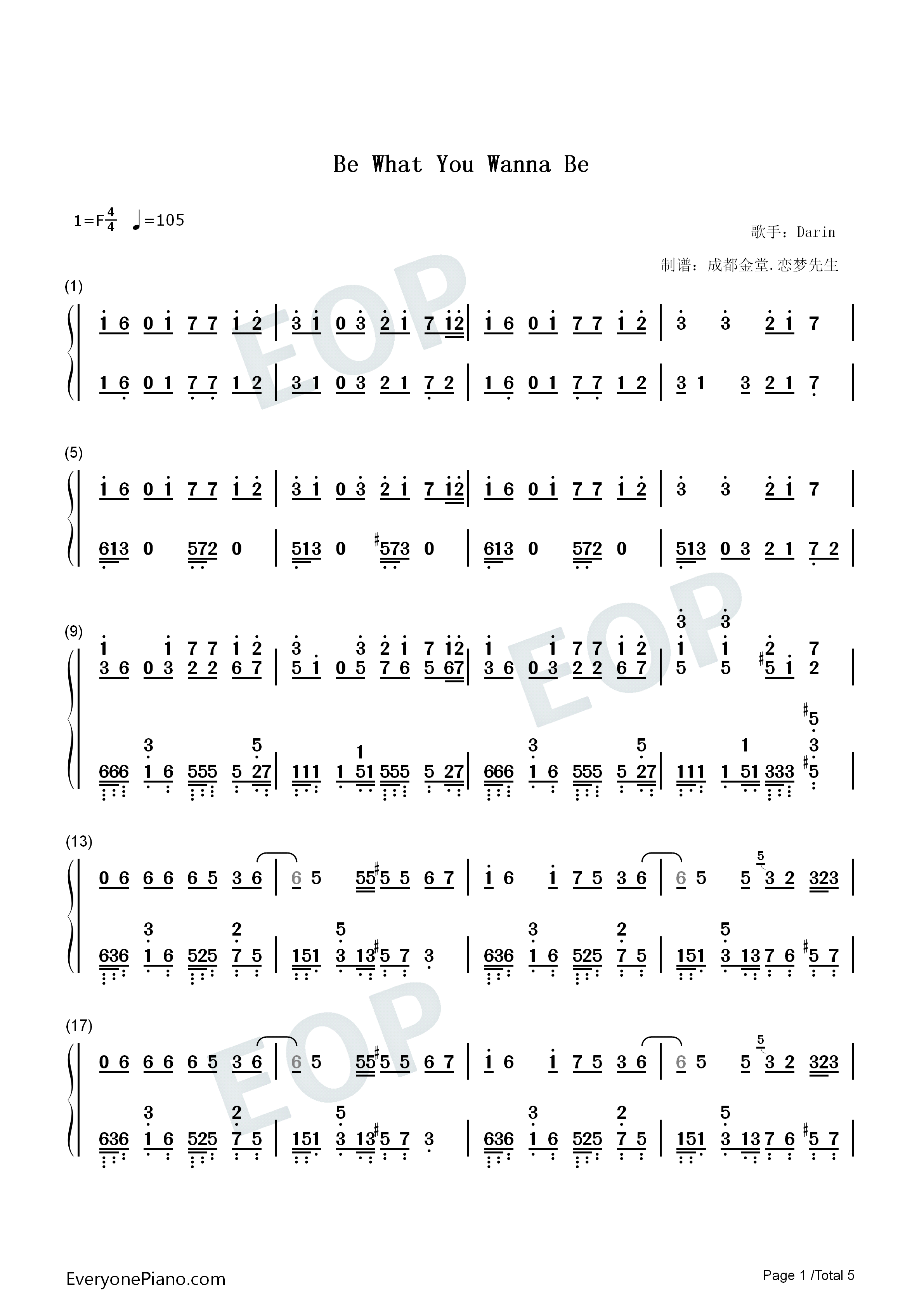 Be_What_You_Wanna_Be钢琴简谱_Darin_Darin_Zanyar演唱