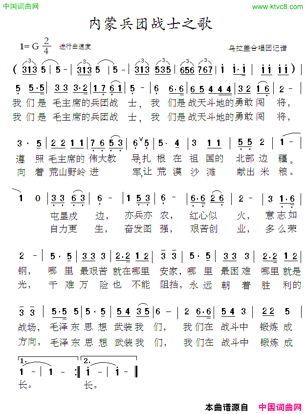 兵团战士之歌简谱_乌拉盖合唱团演唱