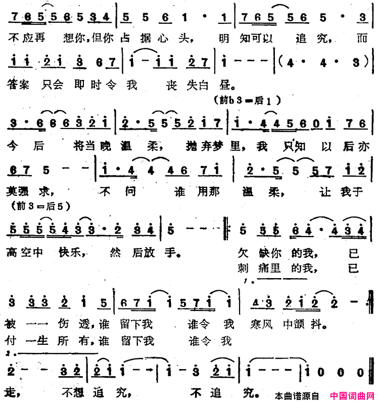 苏芮演唱金曲：不想追究简谱_苏芮演唱_潘伟源/鲍比达词曲