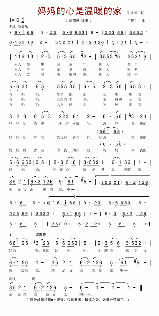 妈妈的心是温暖的家简谱_彭丽媛演唱