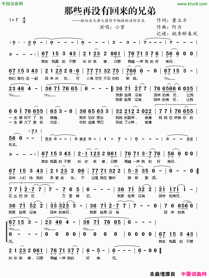 那些再没有回来的兄弟献给在天津大爆炸中牺牲的消防官兵简谱_小曾演唱_董玉方/阿力词曲