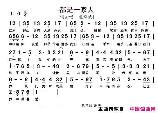 都是一家人简谱_孟祥波演唱_孟祥波/孟祥波词曲