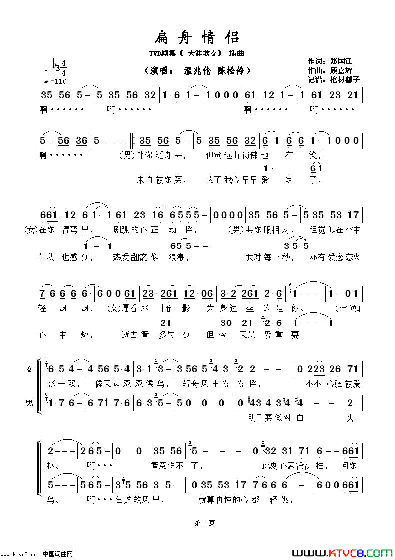 扁舟情侣TVB剧集_天涯歌女_插曲简谱_温兆伦演唱_郑国江/顾嘉辉词曲
