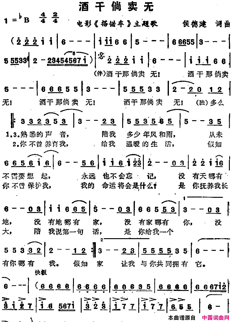 苏芮演唱金曲：酒干倘卖无电影_搭错车_主题歌简谱_苏芮演唱_侯德健/侯德健词曲