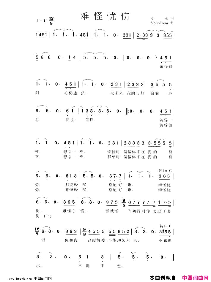 难怪忧伤简谱_梅艳芳演唱_小虫/S·Sondhem词曲