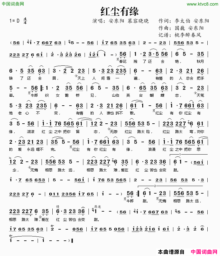 红尘有缘简谱_安东阳演唱_李太伯、安东阳/国巍、安东阳词曲