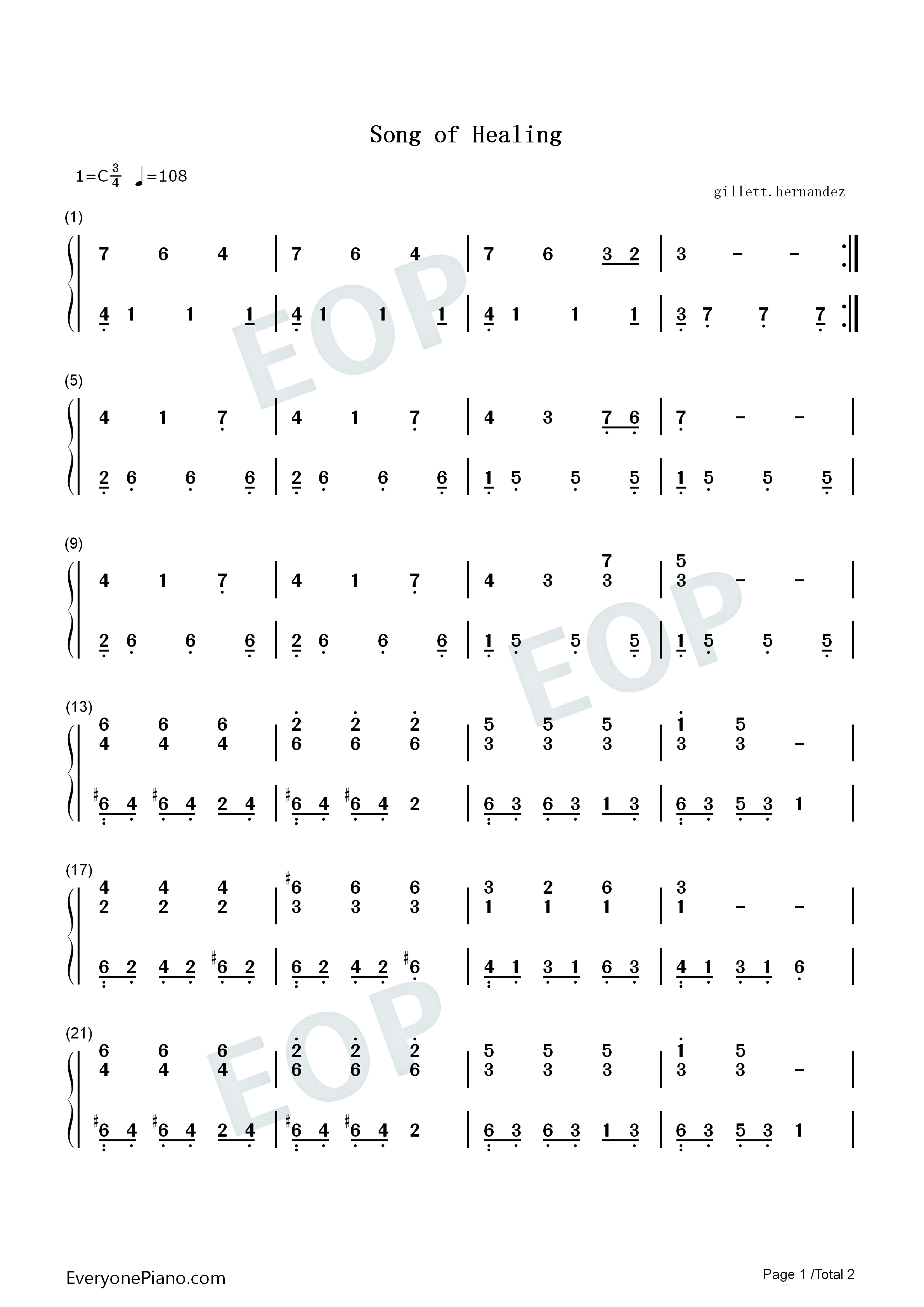 Song_of_Healing钢琴简谱_近藤浩治演唱