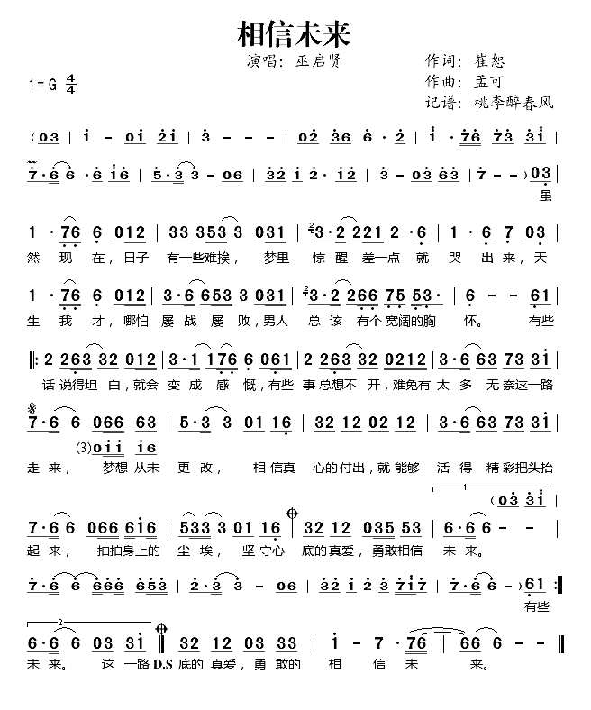 相信未来简谱_巫启贤演唱