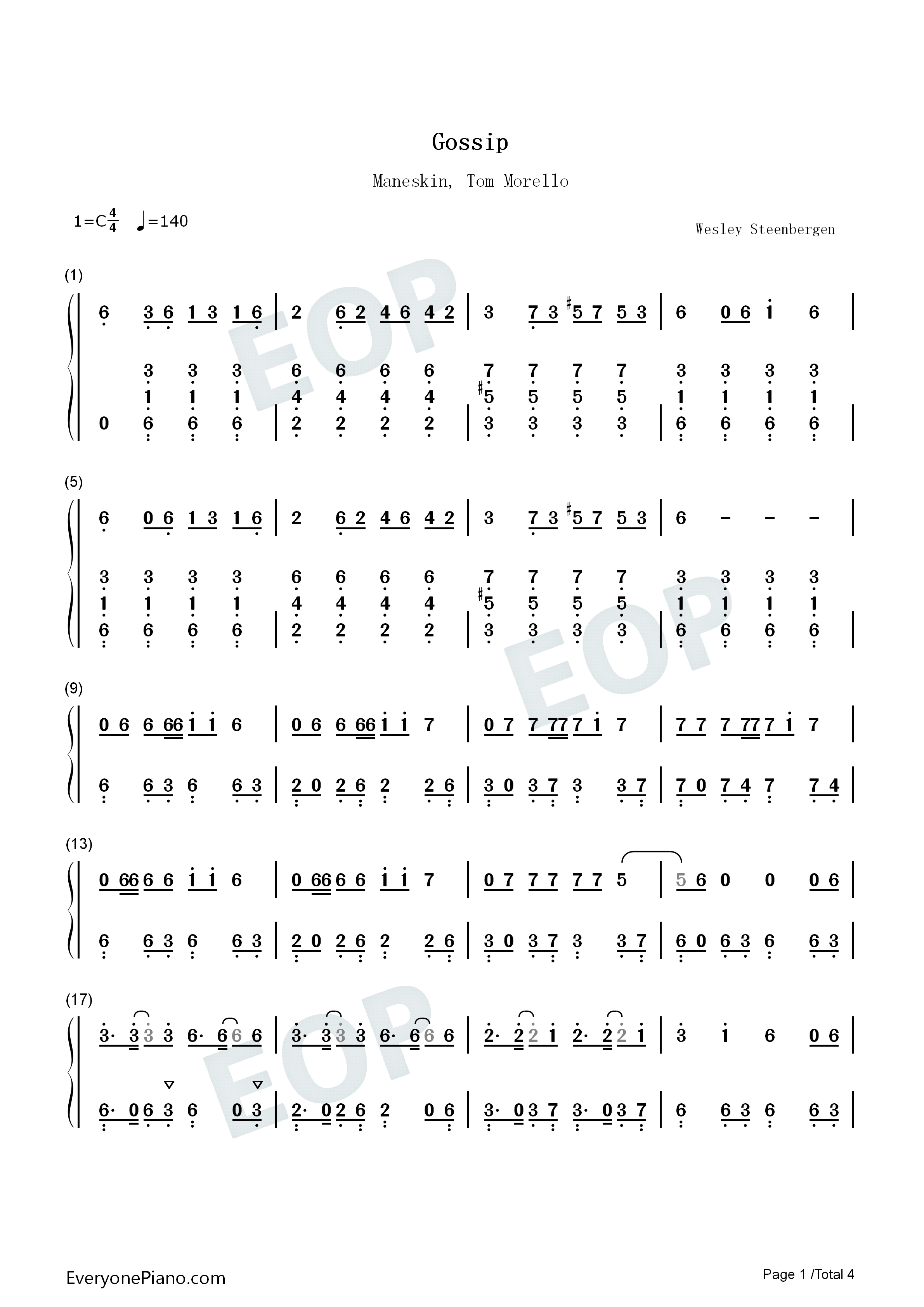 Gossip钢琴简谱_Måneskin_Tom_Morello演唱
