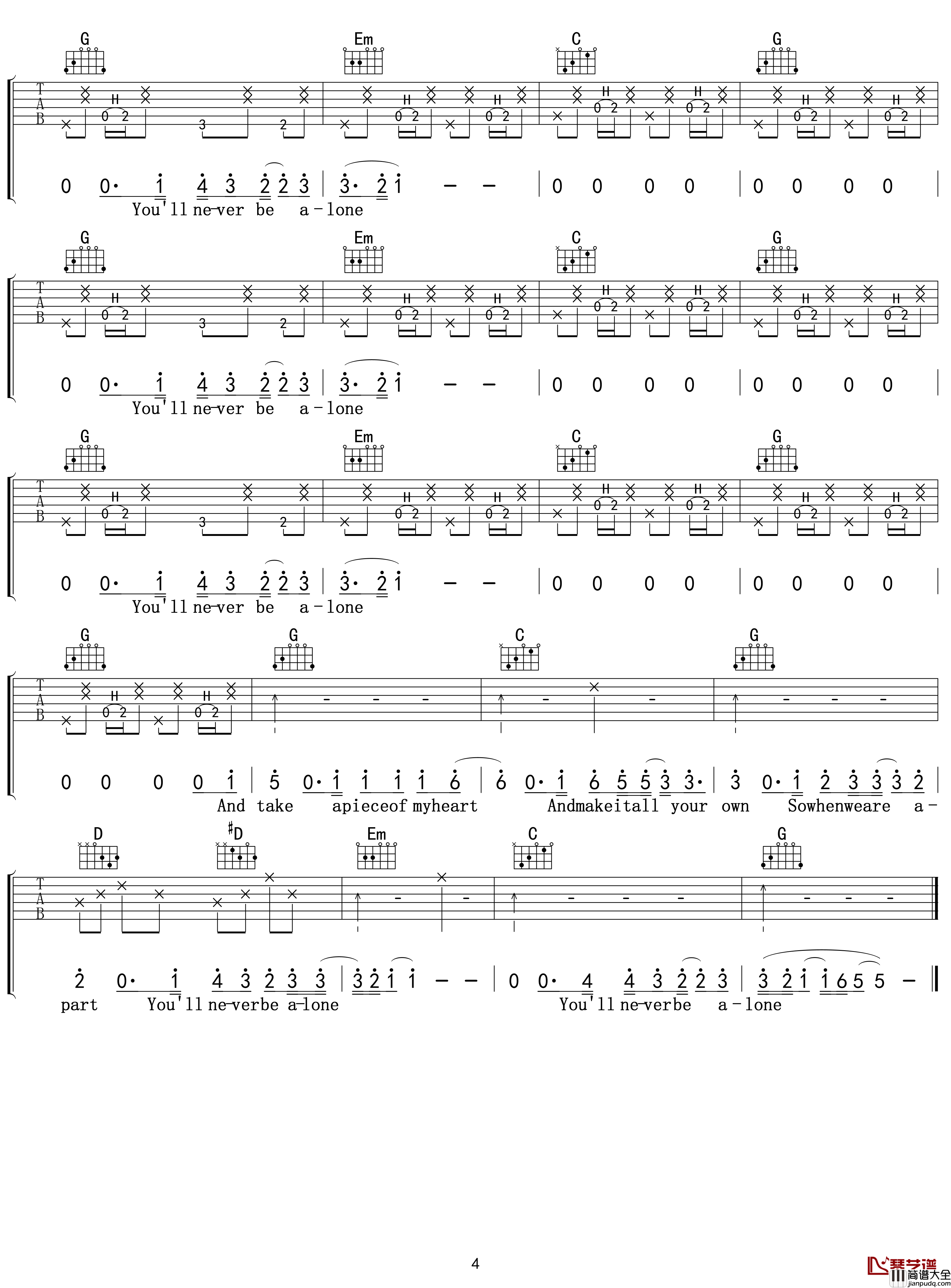 Never_Be_Alone吉他谱_G调_Shawn_Mendes_吴先生TAB出品【附示范音频】