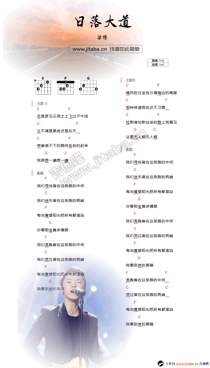 日落大道吉他谱_C调和弦谱_找谱如此简单编配_梁博