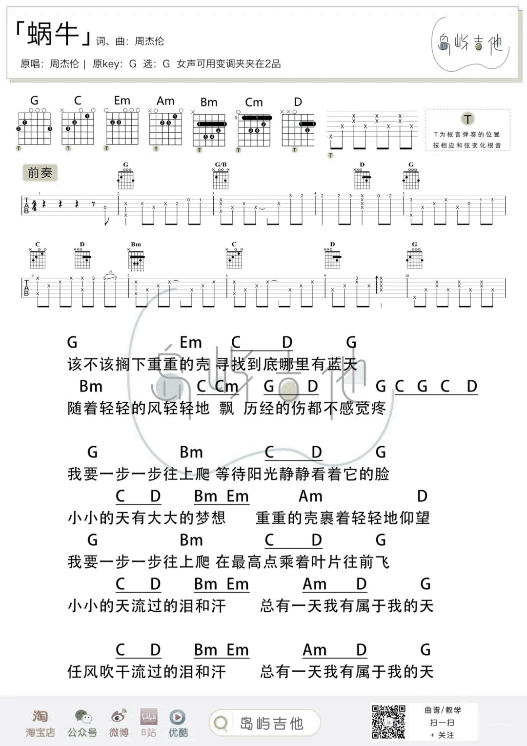 蜗牛吉他谱_周杰伦_G调弹唱谱_吉他教学视频