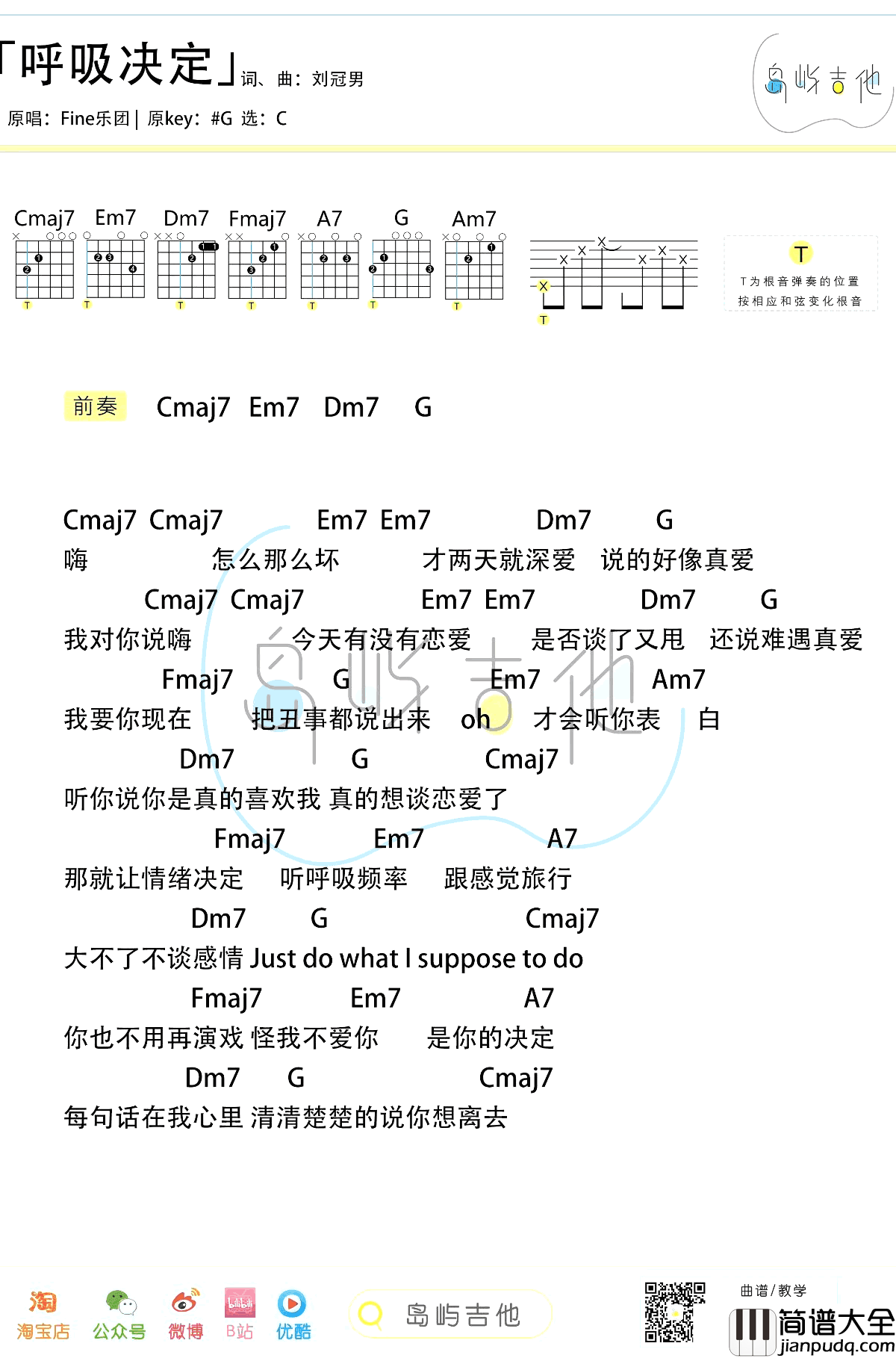呼吸决定吉他谱_Fine乐队_C调_弹唱示范视频