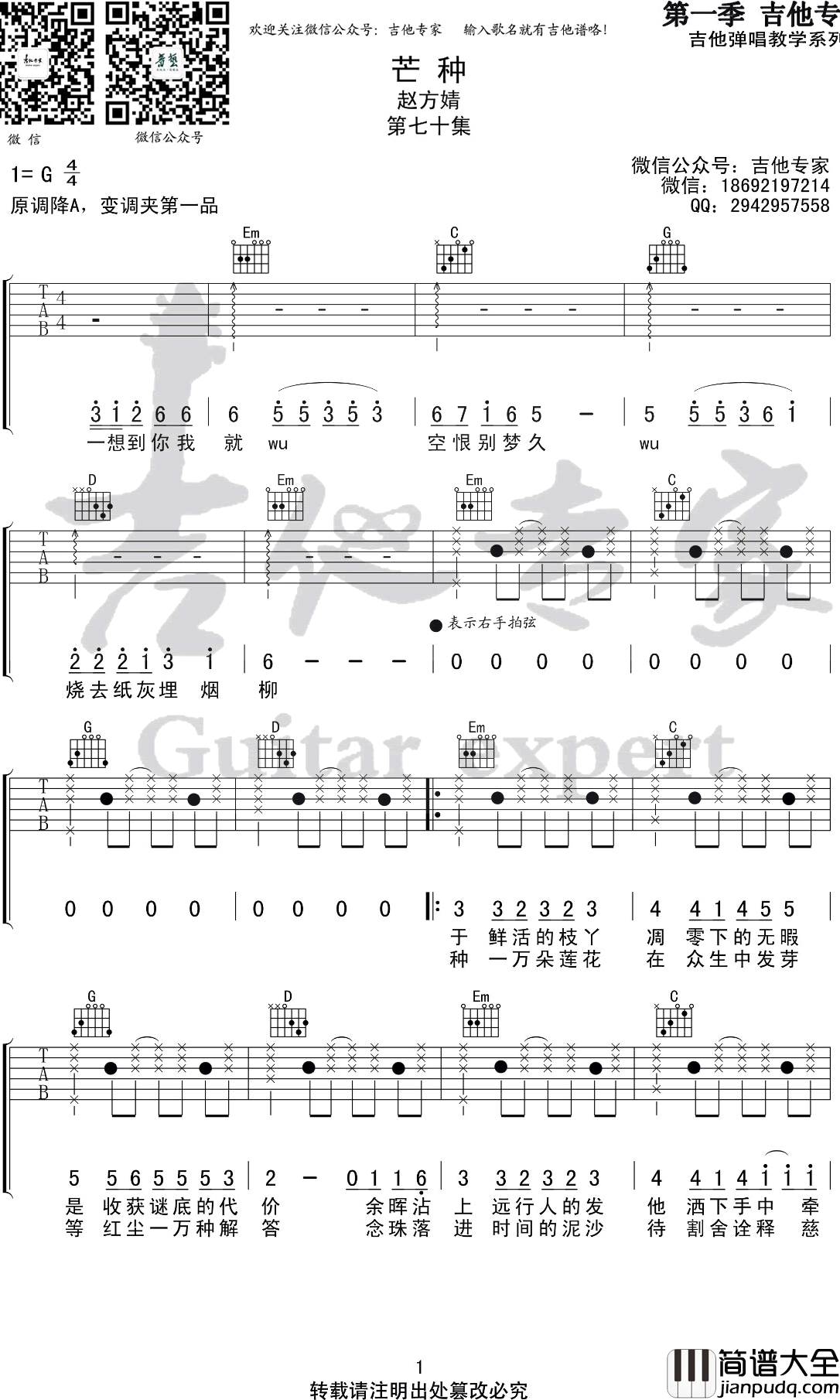 芒种吉他谱_G调六线谱_赵方婧_抖音热门歌曲