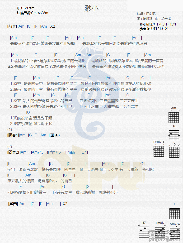 渺小吉他谱_G调和弦谱_田馥甄