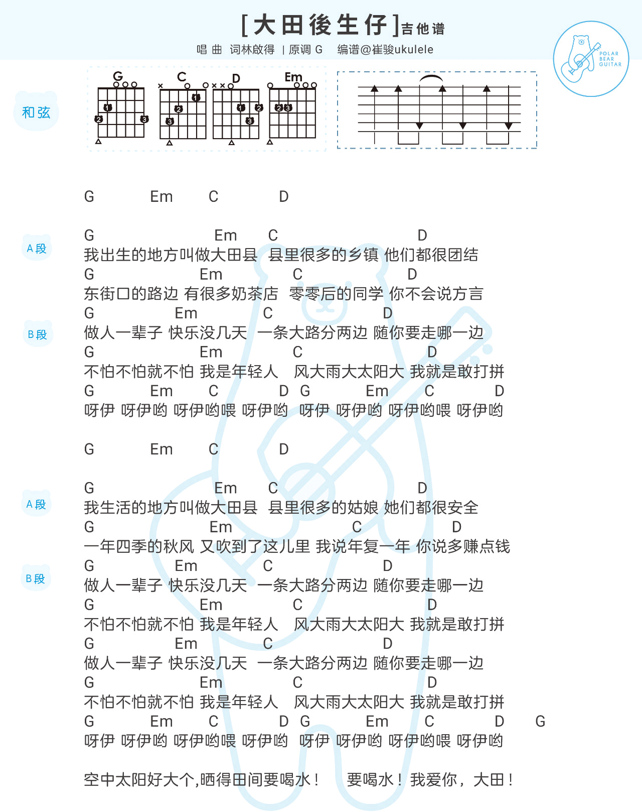 大田后生仔吉他谱_林启得_C调弹唱谱_吉他教学演示视频