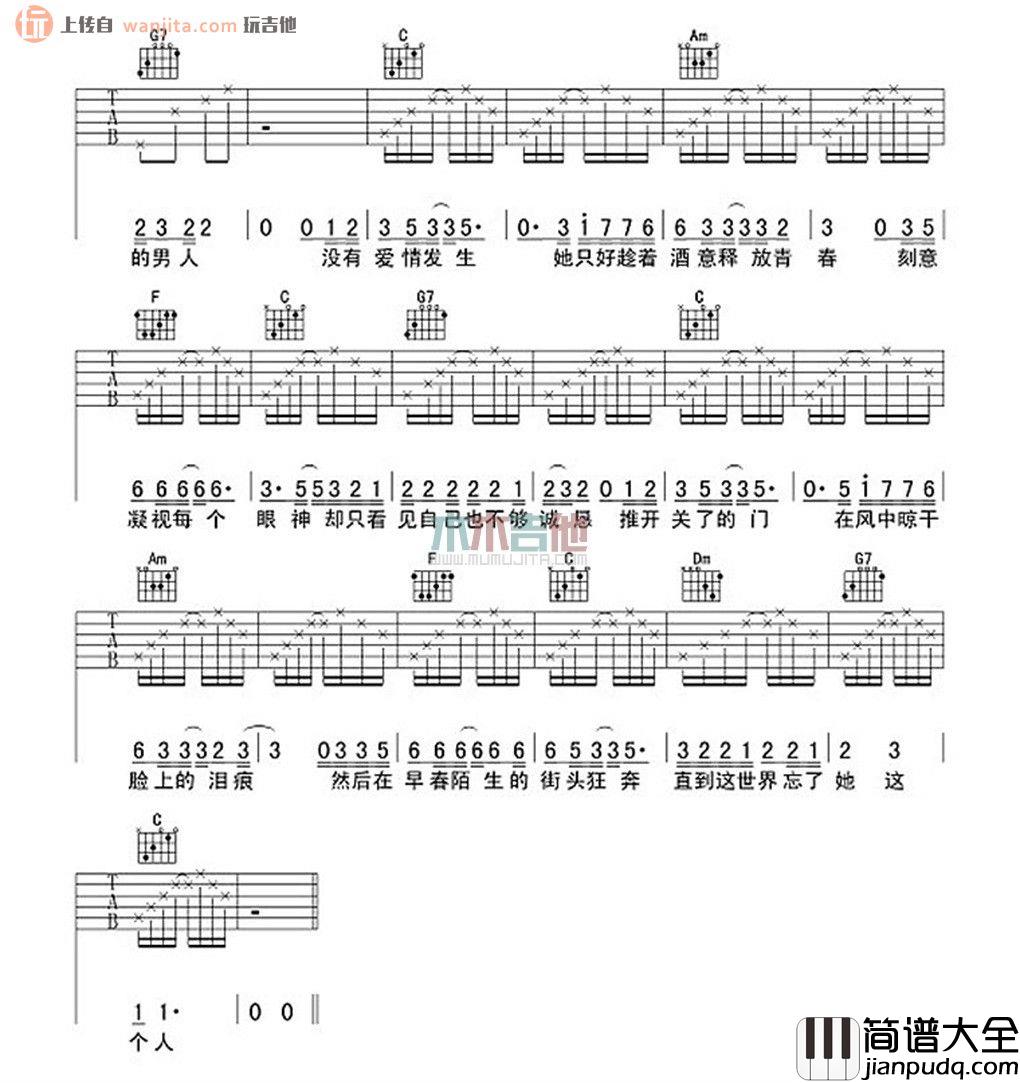 失踪吉他谱_林忆莲_C调指法六线谱__失踪_吉他弹唱谱