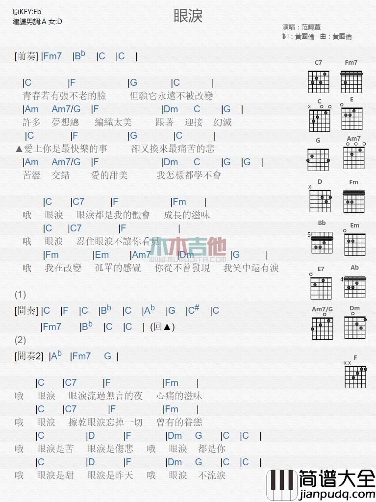 眼泪_吉他谱_范晓萱