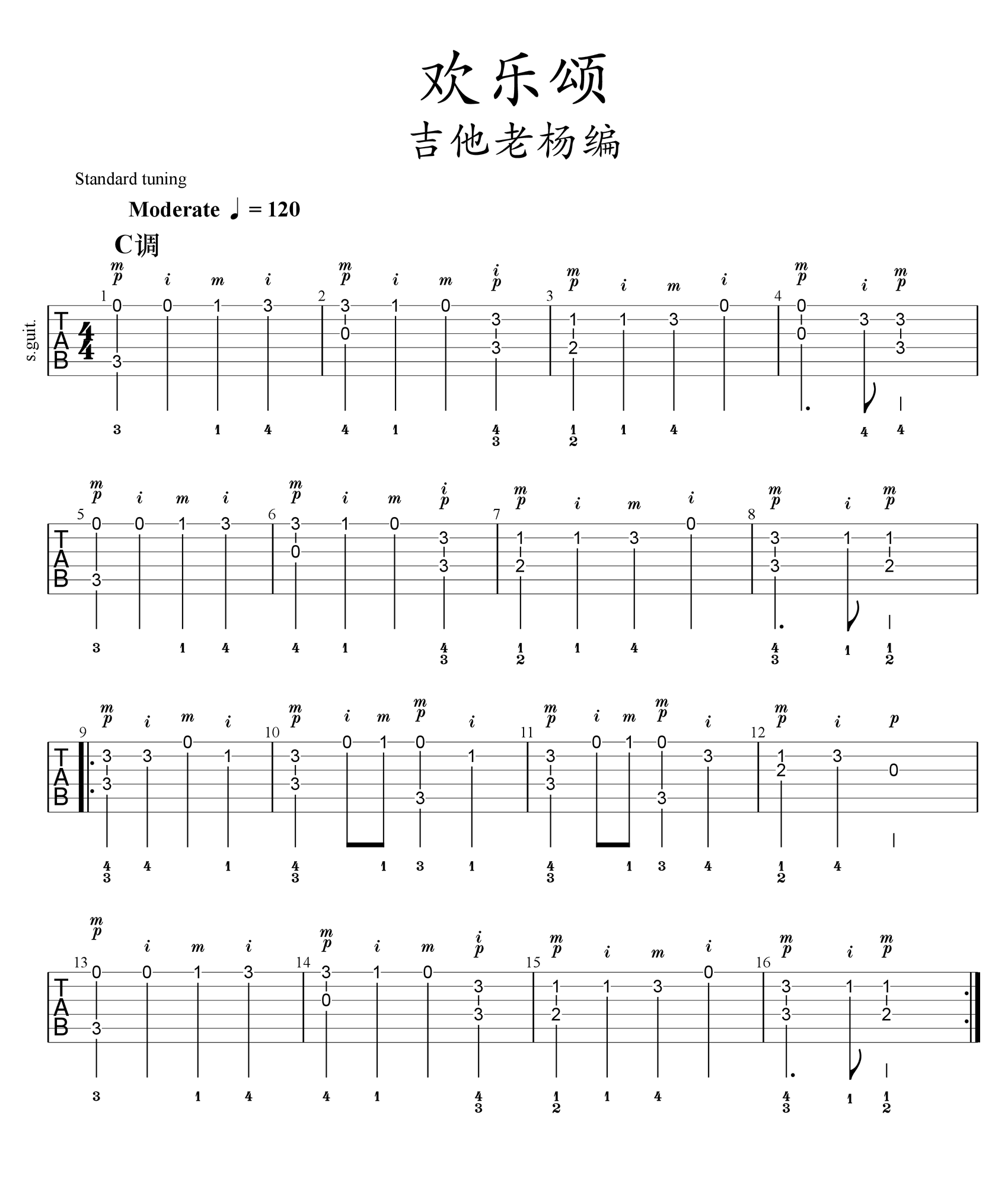 欢乐颂指弹谱_单音简单版_吉他独奏谱_高清图片谱