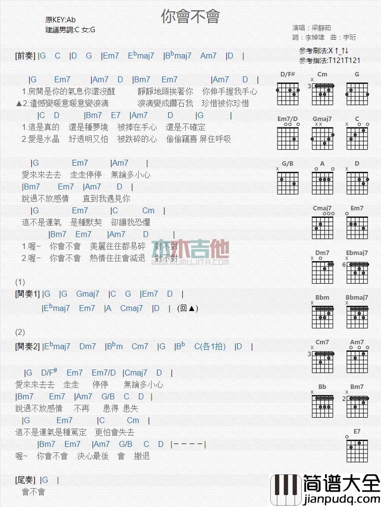 你会不会_吉他谱_梁静茹