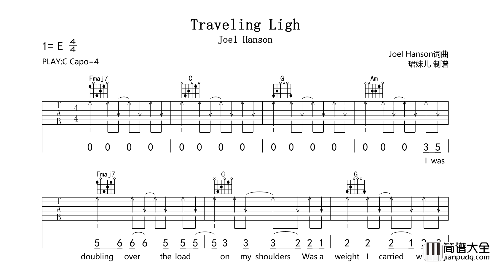 _Traveling_Light_吉他谱_Joel_Hanson_C调六线谱